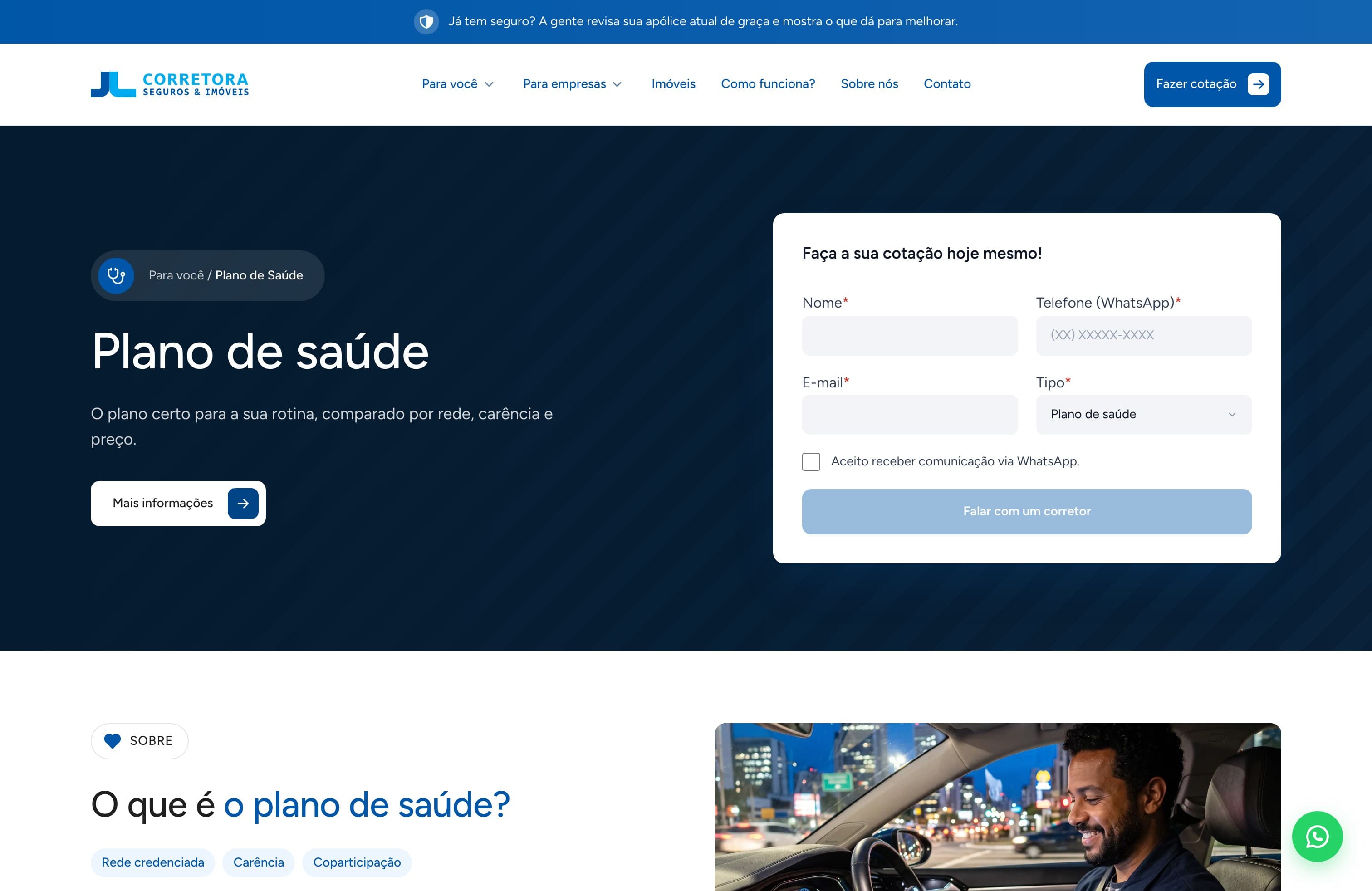 Página do plano de saúde no desktop