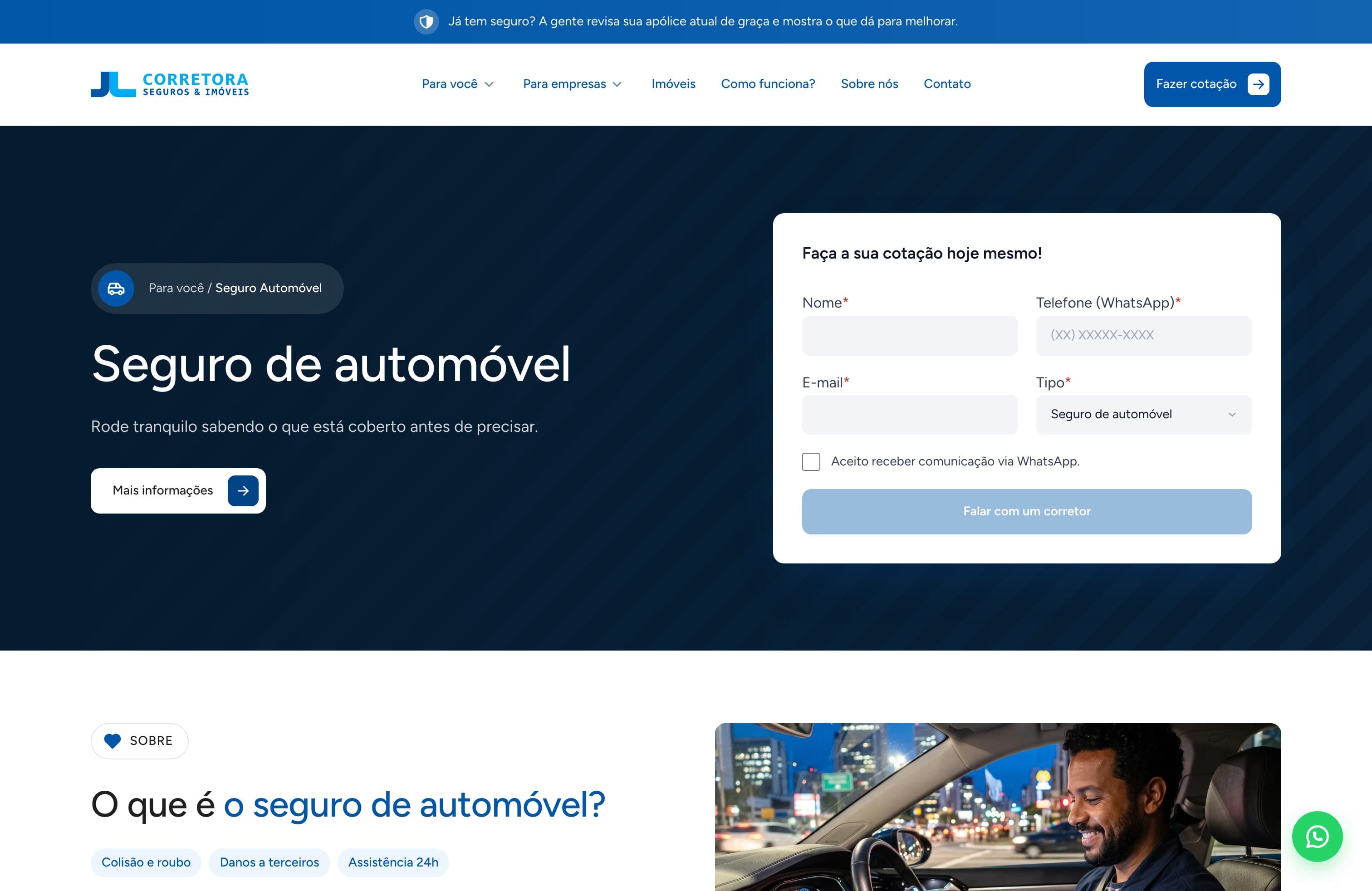 Página do seguro de automóvel no desktop