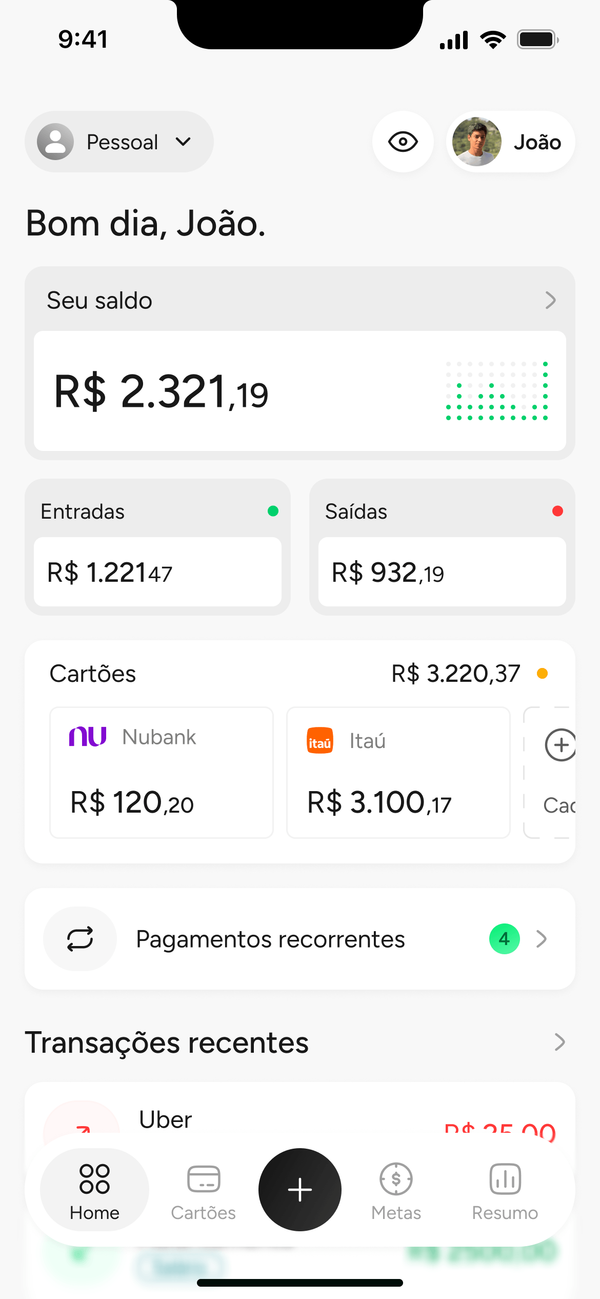 Tela inicial com o saldo e os lançamentos