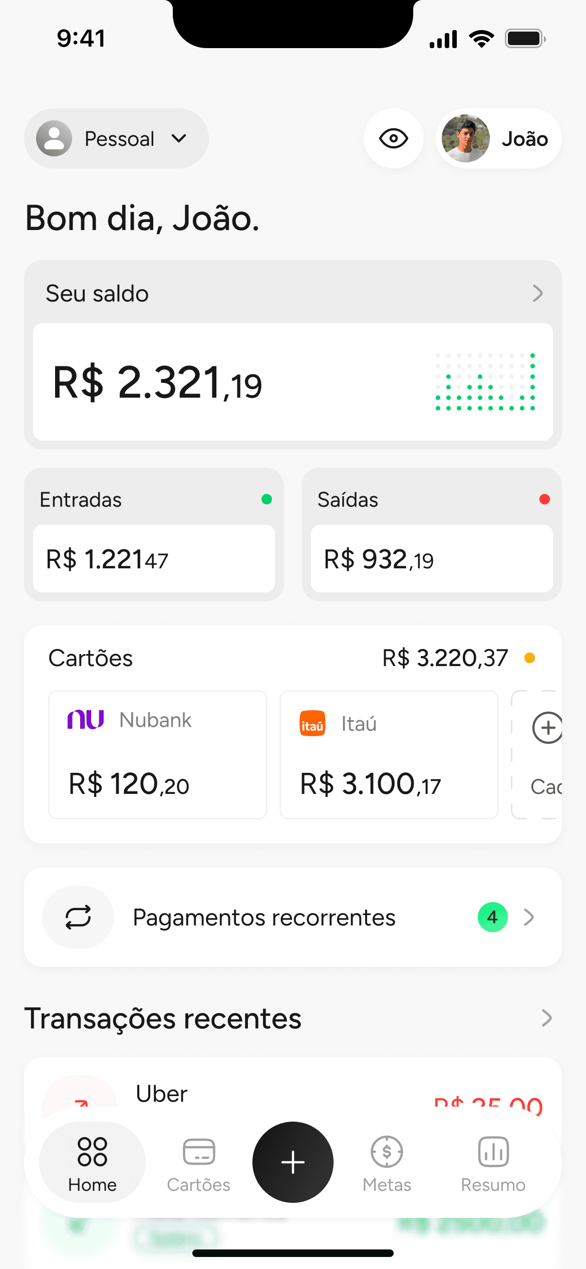 Tela inicial com o saldo e os lançamentos